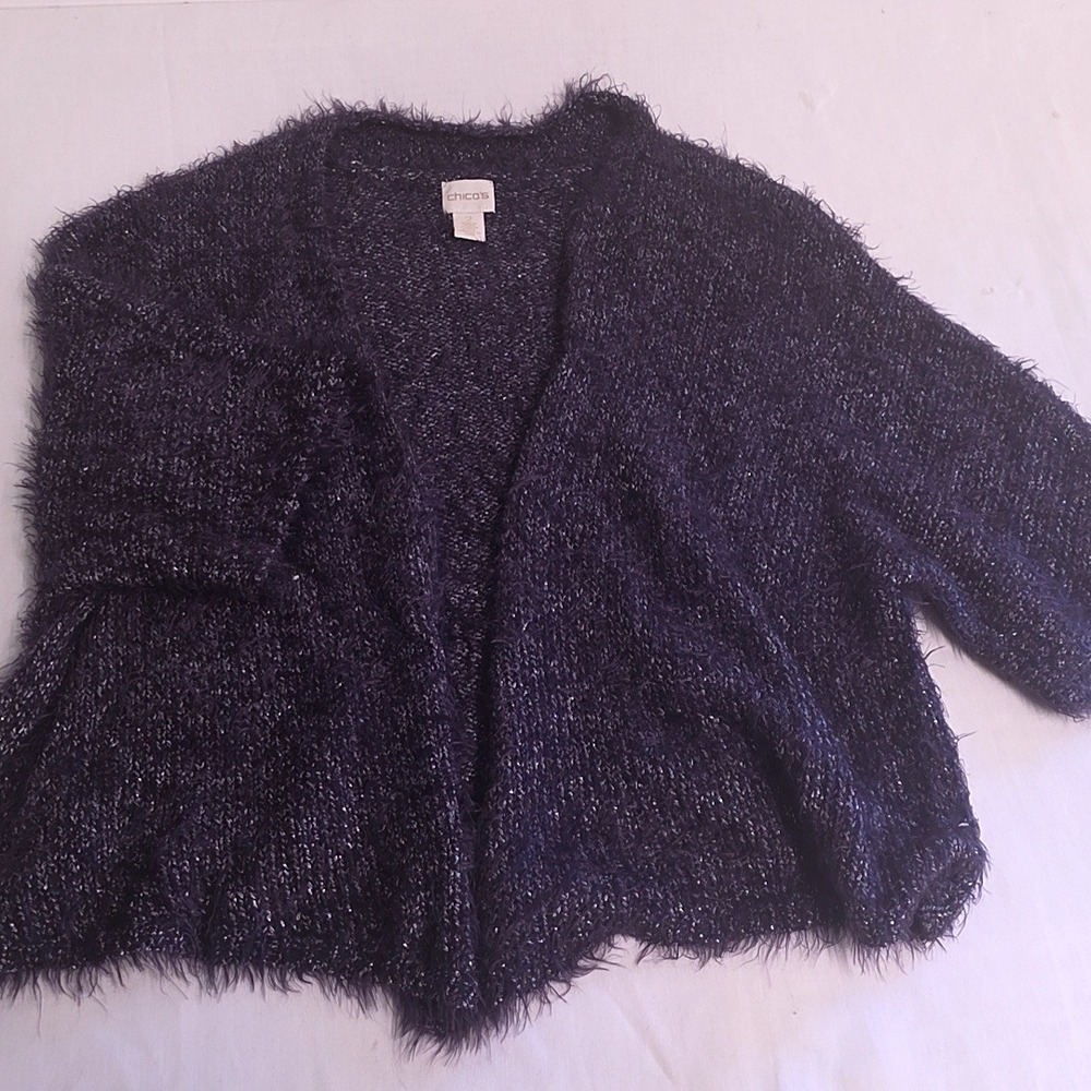 Chico's Cardigan Women Size 2 US L Purple Metallic Eyelash Knit Open Front Boxy